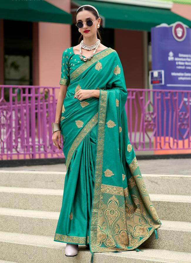 Pure Sattin Teal Festival Wear Weaving Saree